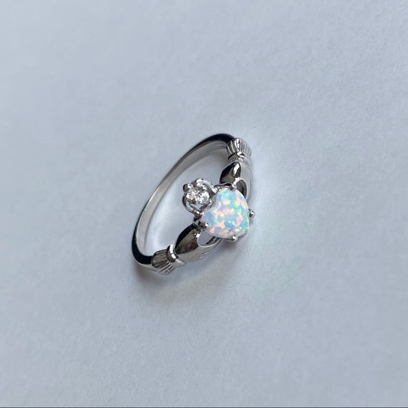 Sterling Silver White Lab Opal Claddagh Ring, Irish Rings, Silver Heart Ring - Picture 2 of 8